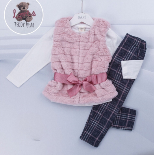 Teddy bear printed t shirt, fur gilet with trouser set for girl's up to 5 years of age