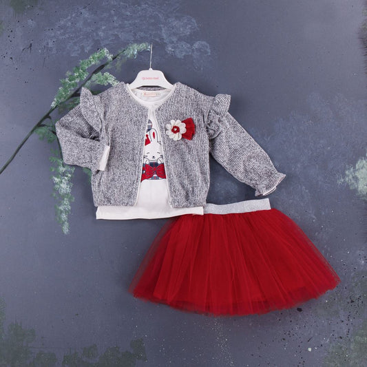 Girls Set With Cardigan, Long Sleeve T-Shirt And Skirt size range 1Y to 4Y