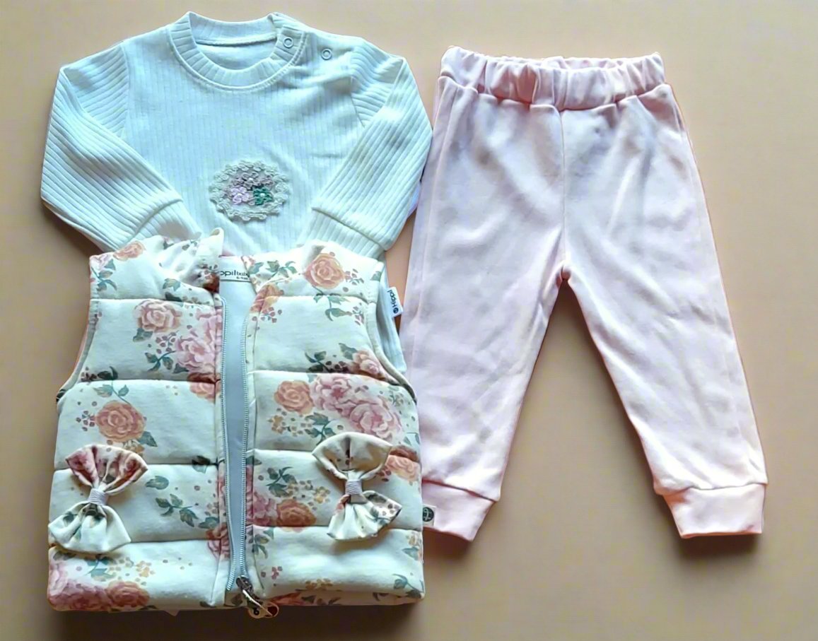 Hooded vest jacket, long sleeve top and trouser for baby girl sizes from 6M to 18M