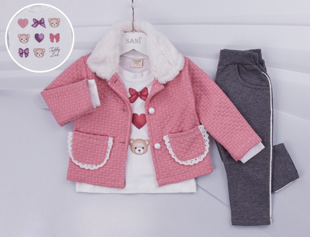 T Shirt, puffy jacket and trouser set for girl's sizes from 9M to 24M