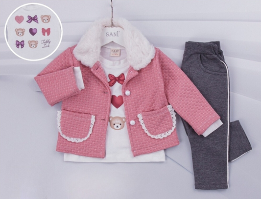 T Shirt, puffy jacket and trouser set for girl's sizes from 9M to 24M