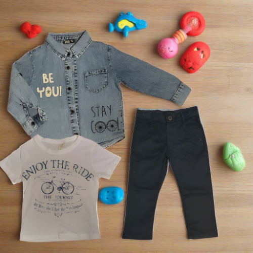 Boy's denim shirt, t-shirt and trouser set sizes 2Y to 5Y