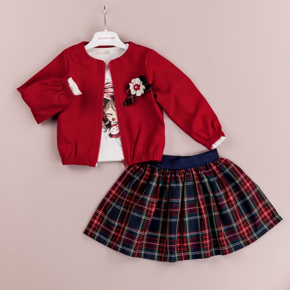 GIRLS 3PC SET CARDIGAN, T-SHIRT AND SKIRT SIZES FROM 1Y TO 4Y