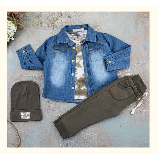 Boys Set With Denim Shirt, trouser T shirt And Hat size range from 2Y to 5Y