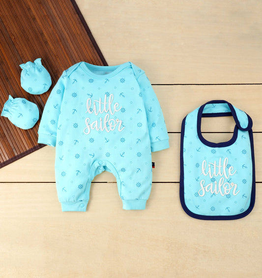 Organic cotton 3 PC JUMP SUIT, BIB & MITTEN TURQUOISE  Boy's, sizes range from NB to 6M