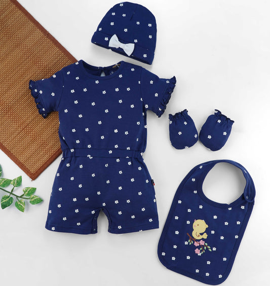 Organic cotton 4PC ROMPER, MITTEN, BIB, CAP SET GIRL'S, sizes range from NB to 6M