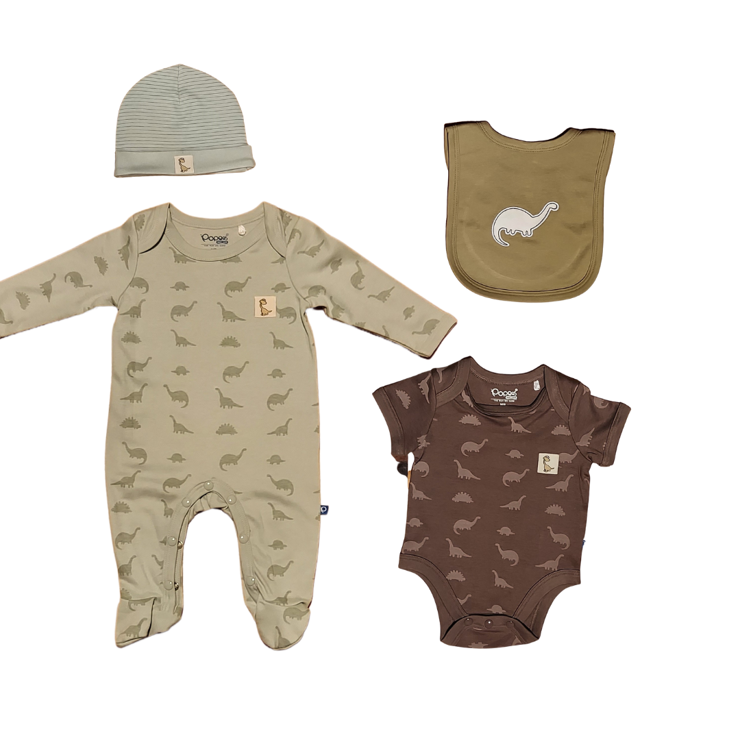 Organic cotton 4 Pc Dino boy's set sleepsuit, vest and cap sizes from NB to6M