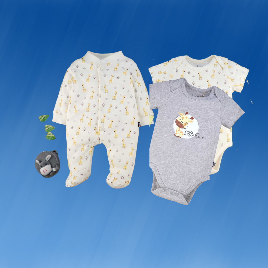 Organic cotton 4PC Giraffe baby set sleepsuit and vests sizes from 6M TO 24m