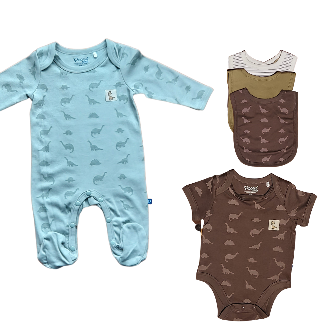 Organic cotton 5 pc set sleepsuit, vest and bibs sizes from 6M to 24M